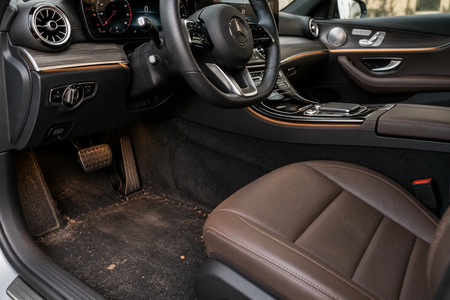 Before: vehicle interior with dusty factory carpet